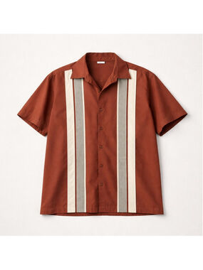 Café Luna Rust Gray Geometric Stripe Short Sleeve Button-Up Shirt Men's L Retro